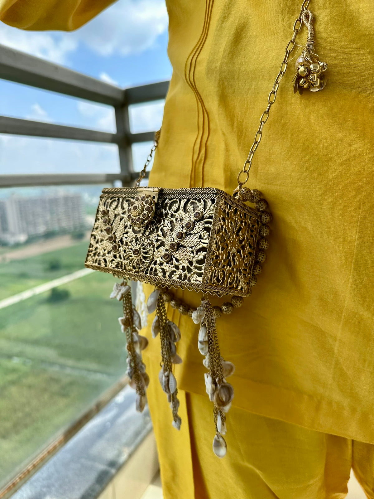 The SAMUDRA Box Clutch - Gold Filigree Metal Box Purse with Seashell Tassels & Beaded Strap | Boho Beach Wedding Evening Clutch