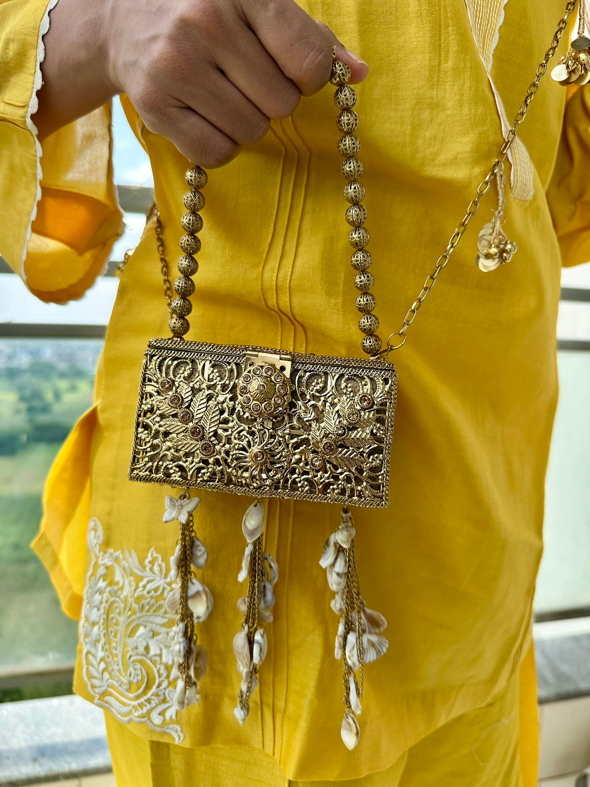The SAMUDRA Box Clutch - Gold Filigree Metal Box Purse with Seashell Tassels & Beaded Strap | Boho Beach Wedding Evening Clutch