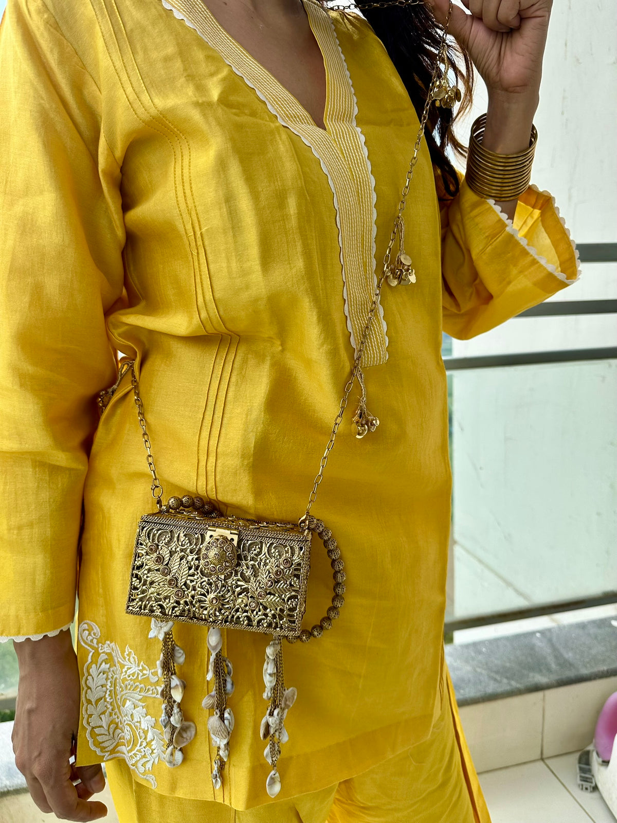 The SAMUDRA Box Clutch - Gold Filigree Metal Box Purse with Seashell Tassels & Beaded Strap | Boho Beach Wedding Evening Clutch