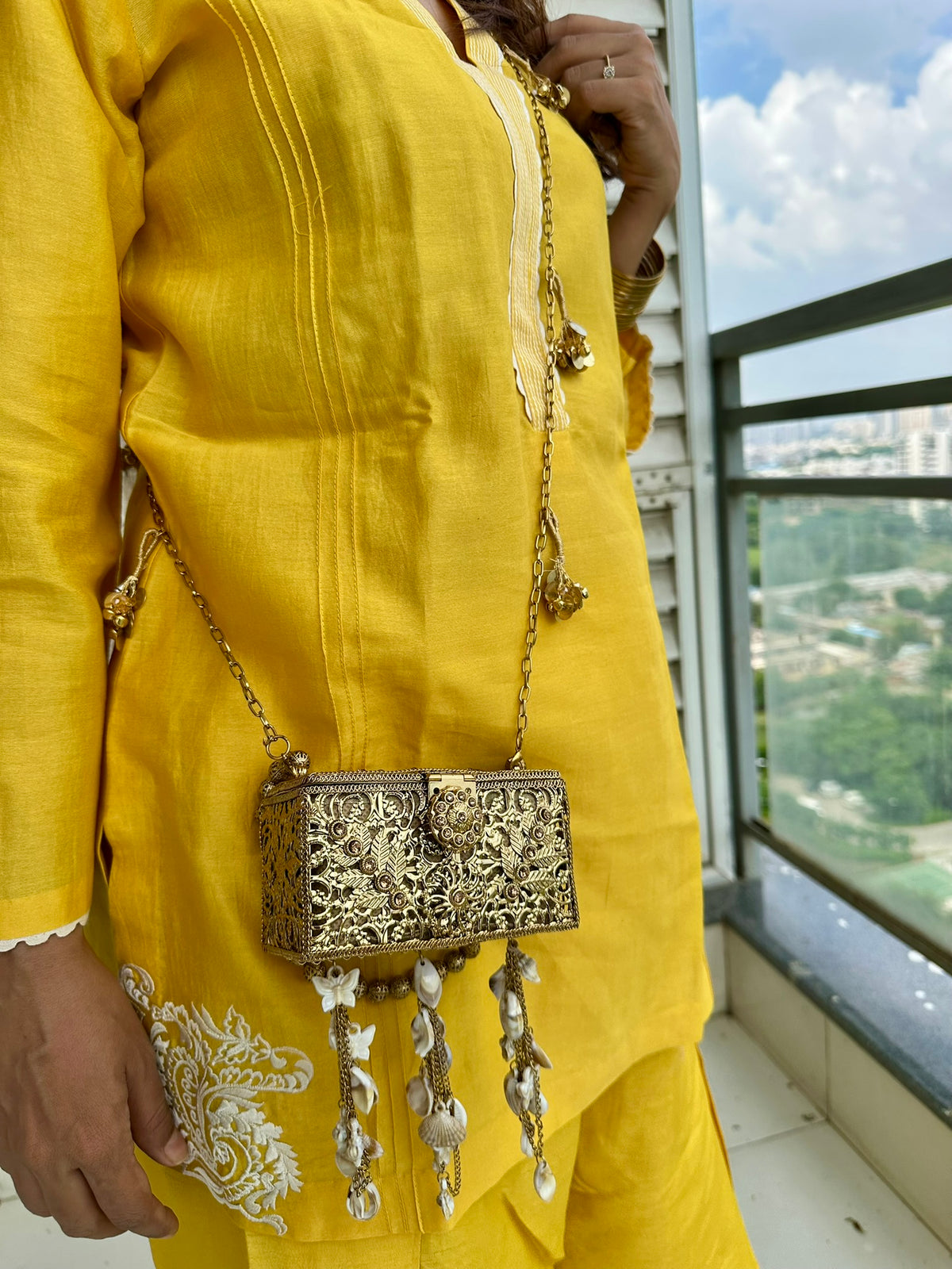 The SAMUDRA Box Clutch - Gold Filigree Metal Box Purse with Seashell Tassels & Beaded Strap | Boho Beach Wedding Evening Clutch