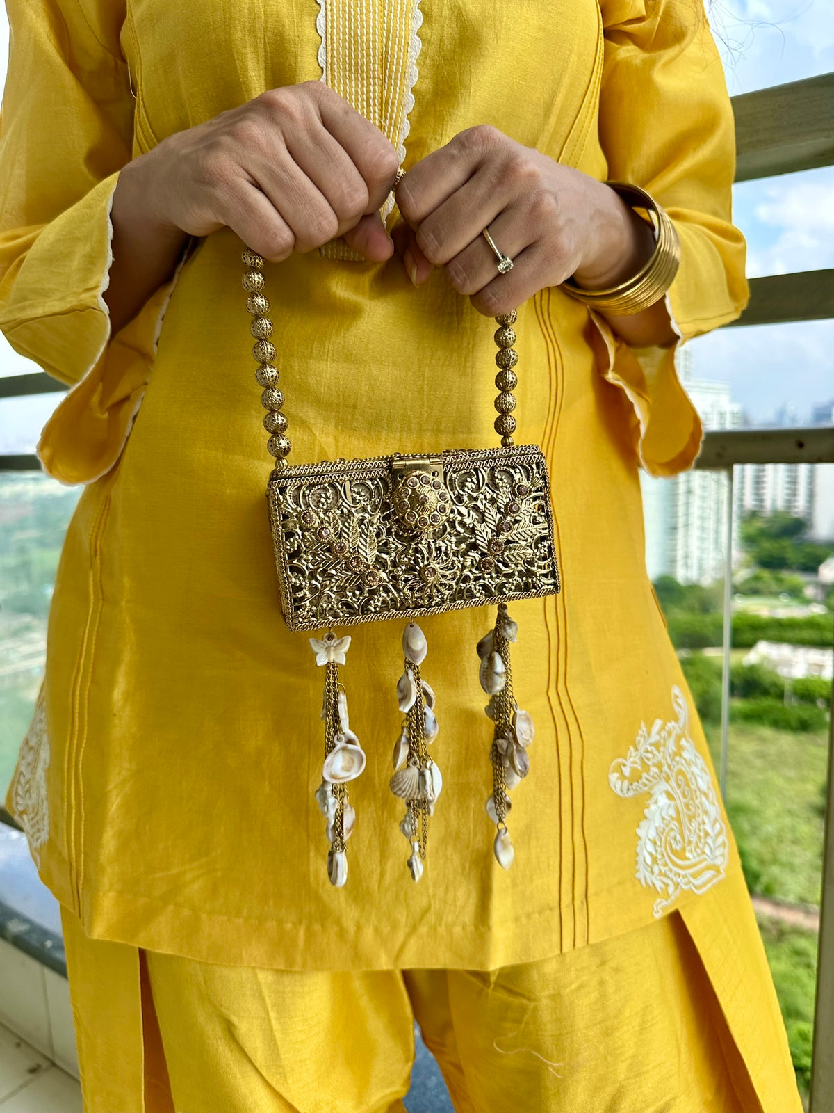 The SAMUDRA Box Clutch - Gold Filigree Metal Box Purse with Seashell Tassels & Beaded Strap | Boho Beach Wedding Evening Clutch