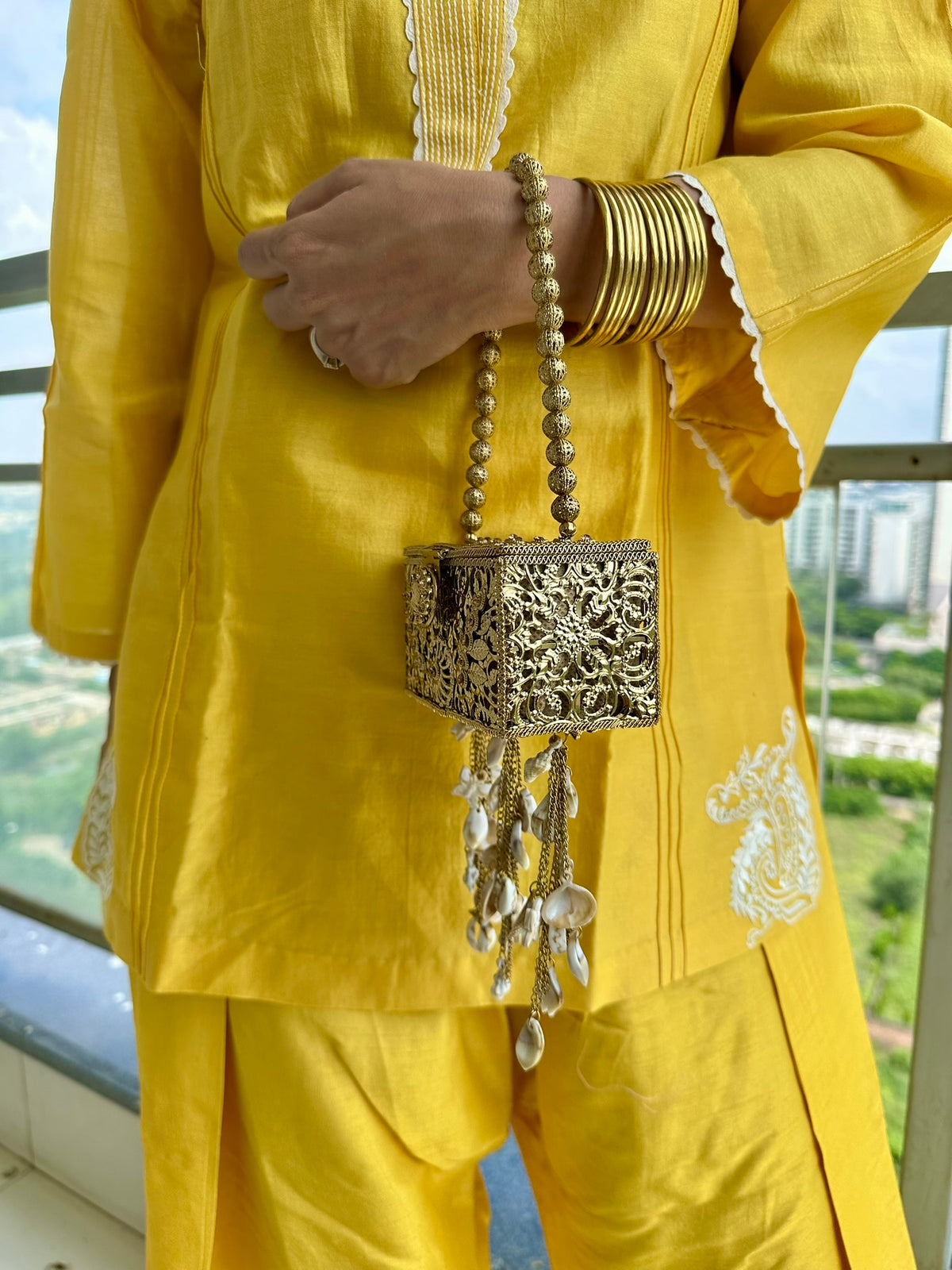 The SAMUDRA Box Clutch - Gold Filigree Metal Box Purse with Seashell Tassels & Beaded Strap | Boho Beach Wedding Evening Clutch