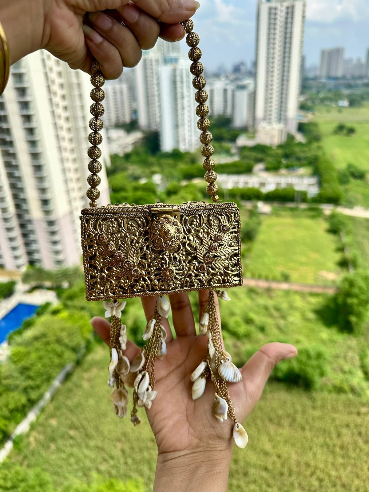 The SAMUDRA Box Clutch - Gold Filigree Metal Box Purse with Seashell Tassels & Beaded Strap | Boho Beach Wedding Evening Clutch