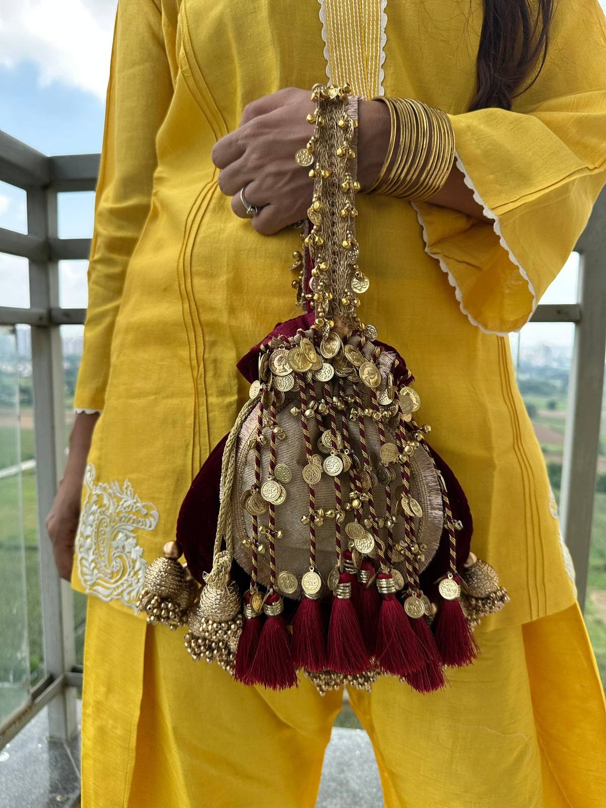 The Royal Shehnaai Potli Bag Collection | Traditional Indian Potli Bag with Tassels and Coin Detail | Velvet Silk Drawstring Wedding Wristlet | Bridal Accessories for Mehndi, Sangeet & Festive Wear
