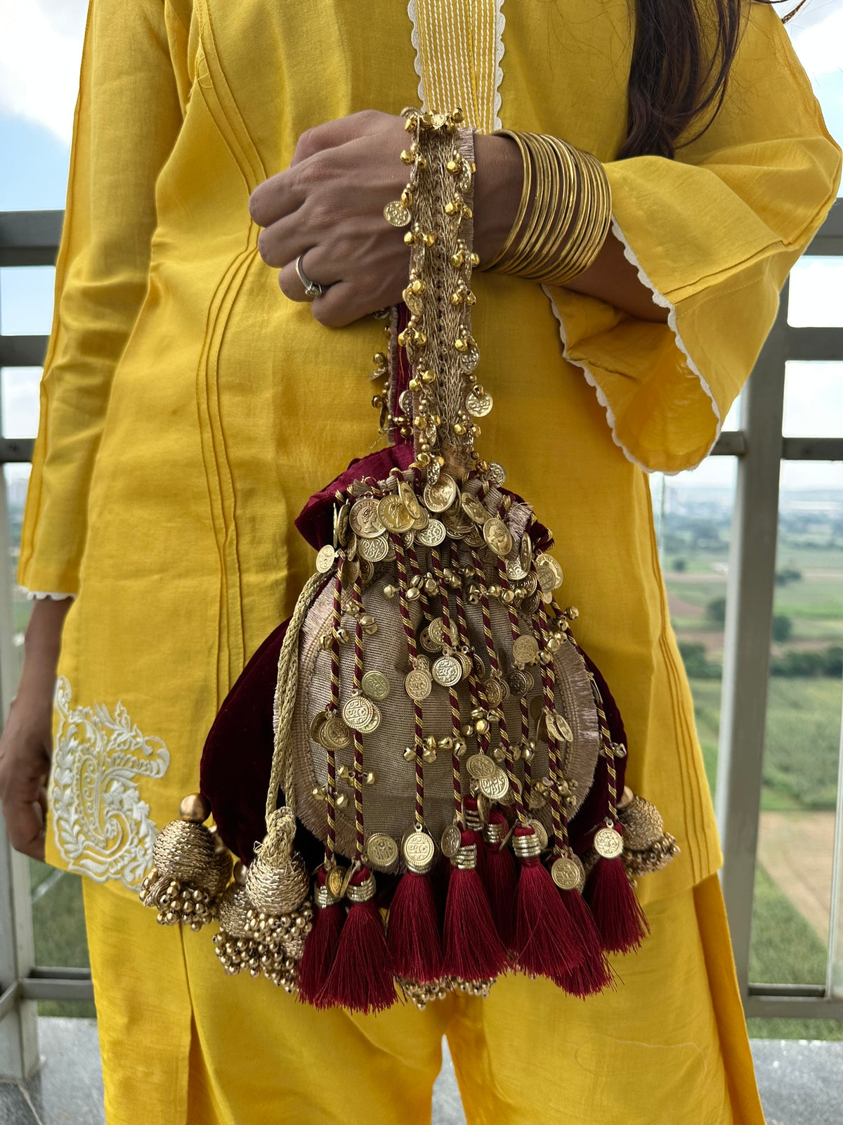 The Royal Shehnaai Potli Bag Collection | Traditional Indian Potli Bag with Tassels and Coin Detail | Velvet Silk Drawstring Wedding Wristlet | Bridal Accessories for Mehndi, Sangeet & Festive Wear