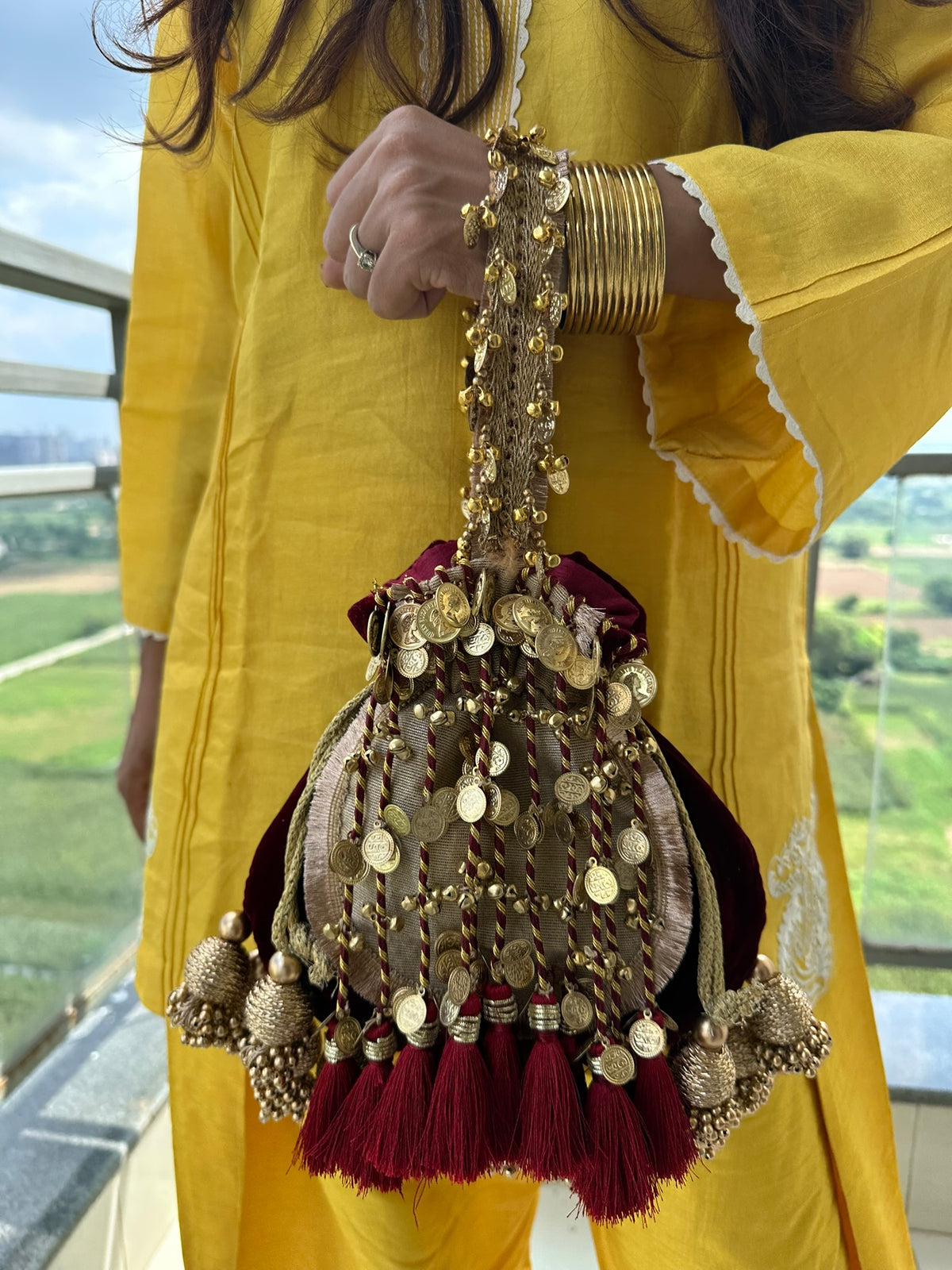The Royal Shehnaai Potli Bag Collection | Traditional Indian Potli Bag with Tassels and Coin Detail | Velvet Silk Drawstring Wedding Wristlet | Bridal Accessories for Mehndi, Sangeet & Festive Wear