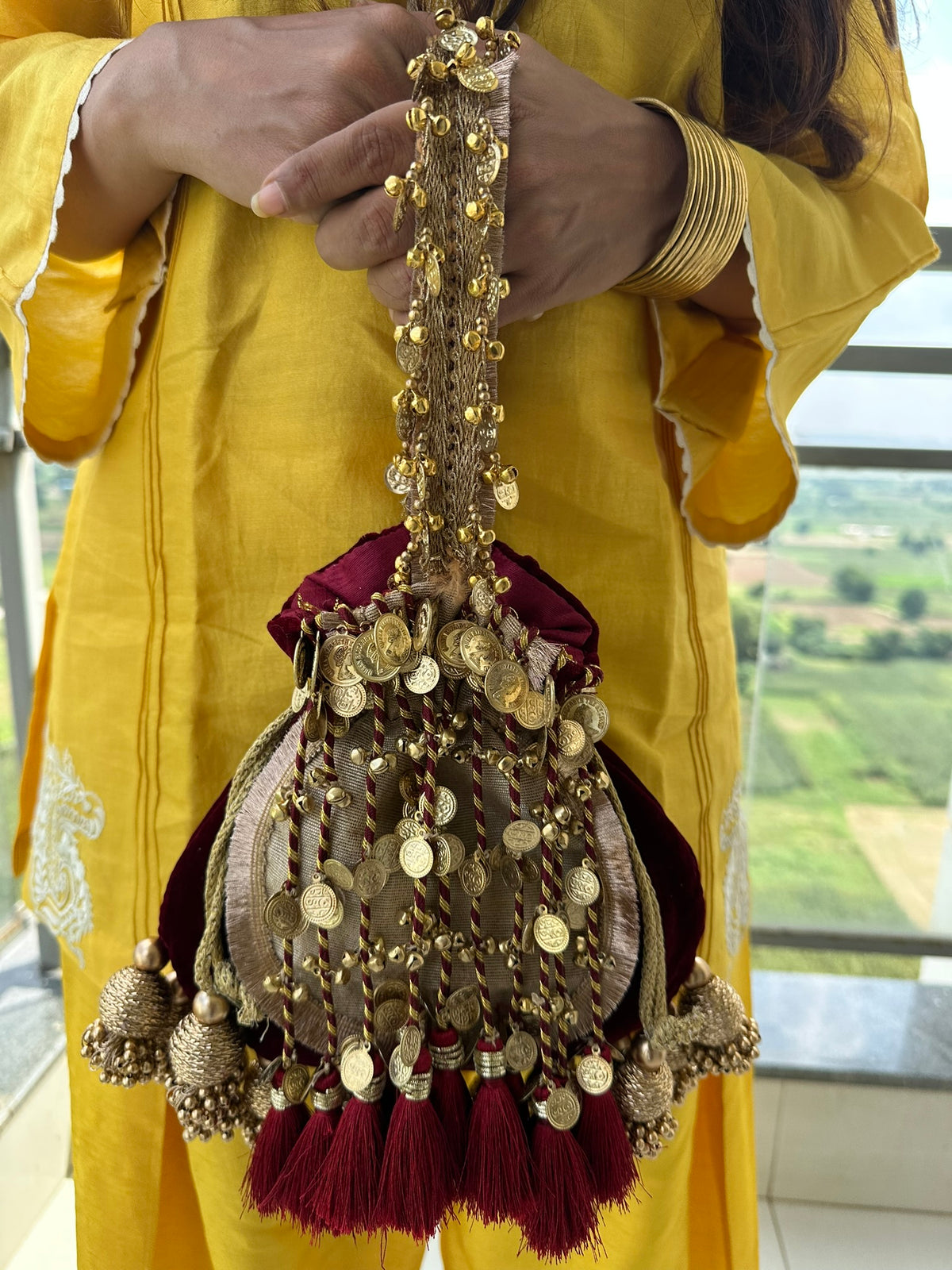 The Royal Shehnaai Potli Bag Collection | Traditional Indian Potli Bag with Tassels and Coin Detail | Velvet Silk Drawstring Wedding Wristlet | Bridal Accessories for Mehndi, Sangeet & Festive Wear