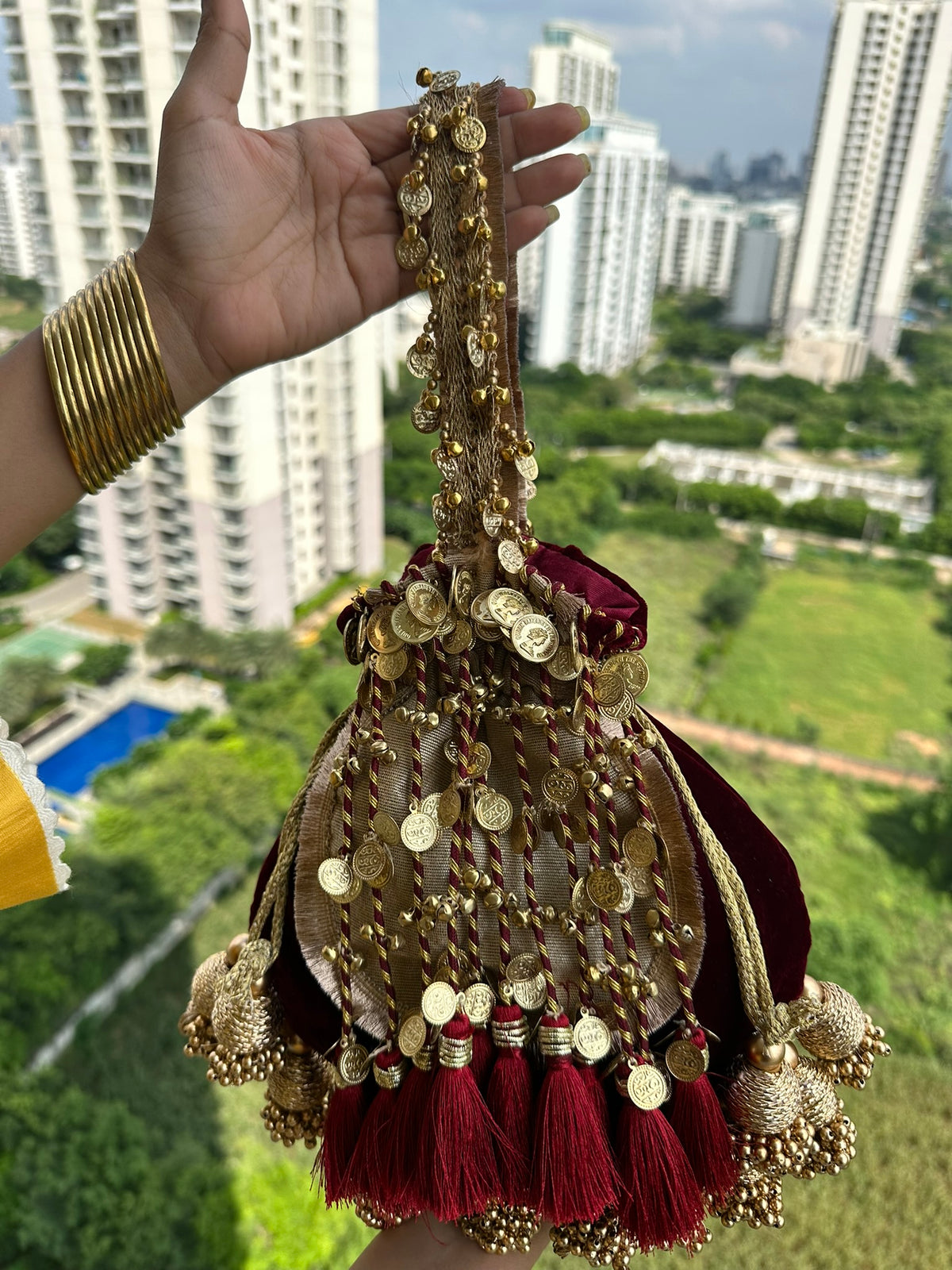 The Royal Shehnaai Potli Bag Collection | Traditional Indian Potli Bag with Tassels and Coin Detail | Velvet Silk Drawstring Wedding Wristlet | Bridal Accessories for Mehndi, Sangeet & Festive Wear