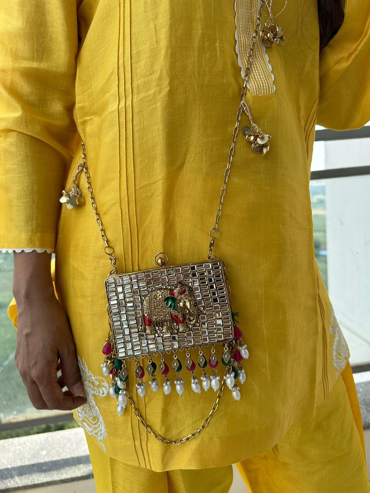 The GAJA Mirror Box Clutch - Indian Royal Elephant Mosaic Clutch Bag with Pearl Tassels | Meenakari Metal Purse for Wedding & Festive Wear