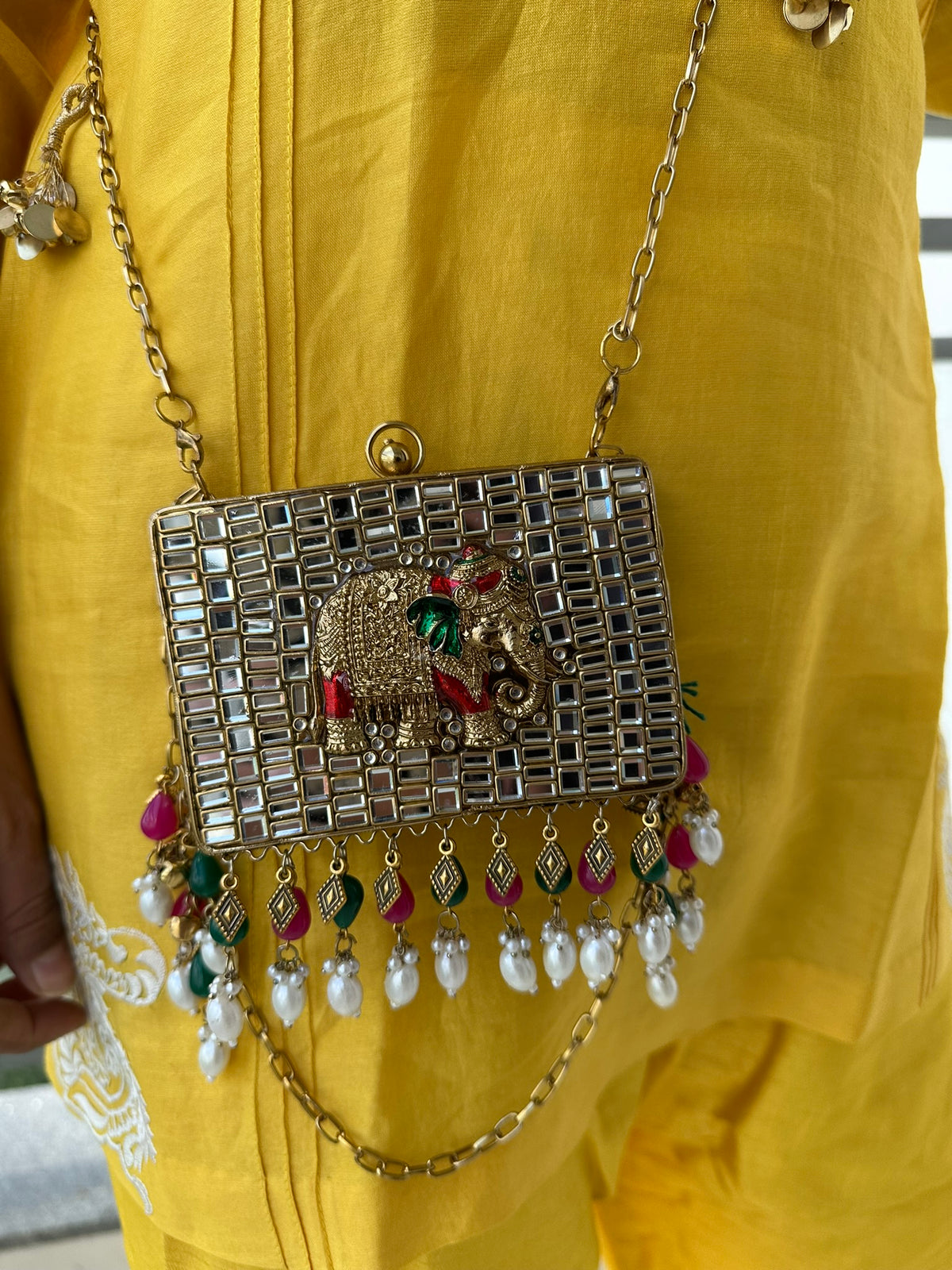 The GAJA Mirror Box Clutch - Indian Royal Elephant Mosaic Clutch Bag with Pearl Tassels | Meenakari Metal Purse for Wedding & Festive Wear
