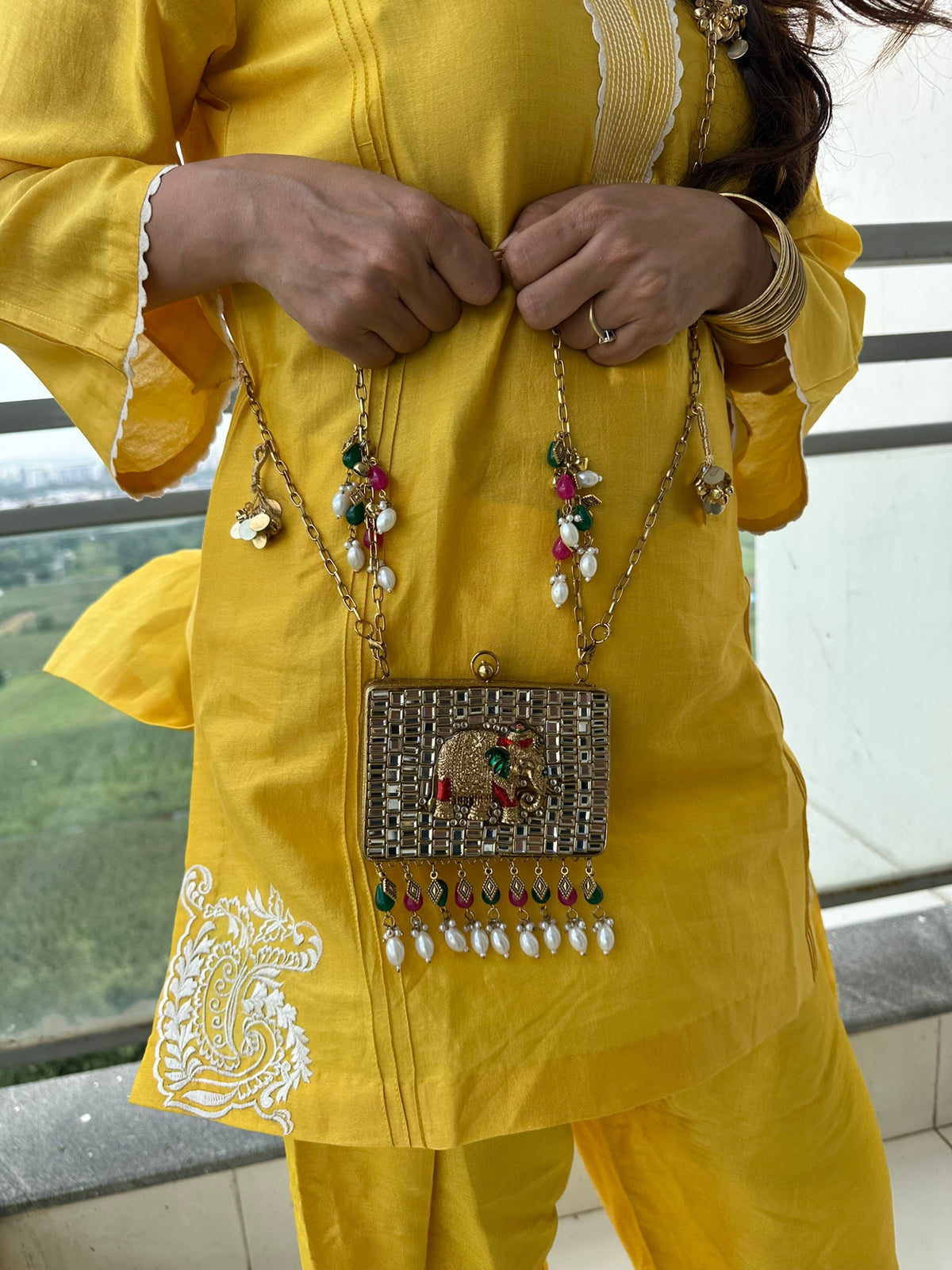 The GAJA Mirror Box Clutch - Indian Royal Elephant Mosaic Clutch Bag with Pearl Tassels | Meenakari Metal Purse for Wedding & Festive Wear