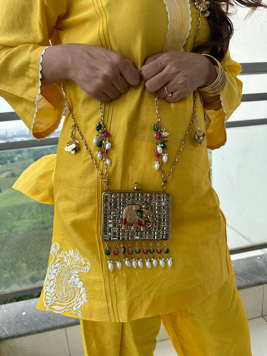 The GAJA Mirror Box Clutch - Indian Royal Elephant Mosaic Clutch Bag with Pearl Tassels | Meenakari Metal Purse for Wedding & Festive Wear