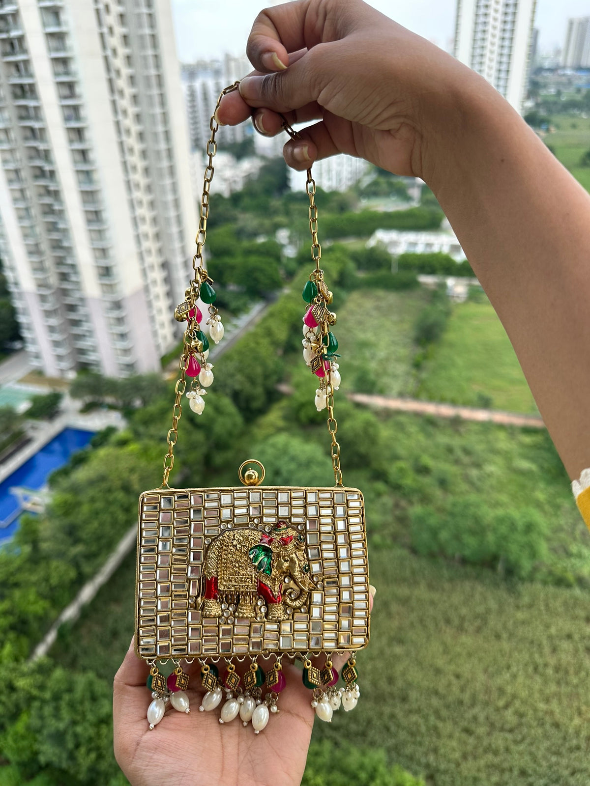 The GAJA Mirror Box Clutch - Indian Royal Elephant Mosaic Clutch Bag with Pearl Tassels | Meenakari Metal Purse for Wedding & Festive Wear