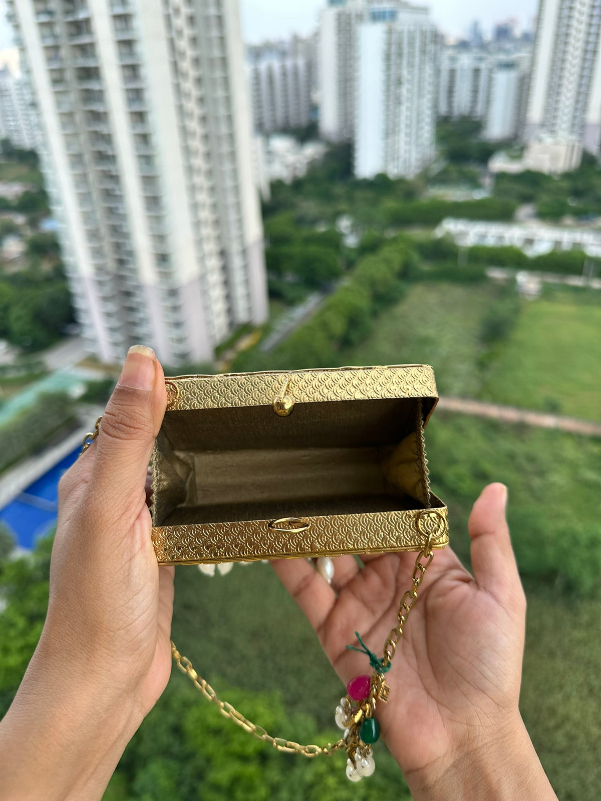 The GAJA Mirror Box Clutch - Indian Royal Elephant Mosaic Clutch Bag with Pearl Tassels | Meenakari Metal Purse for Wedding & Festive Wear