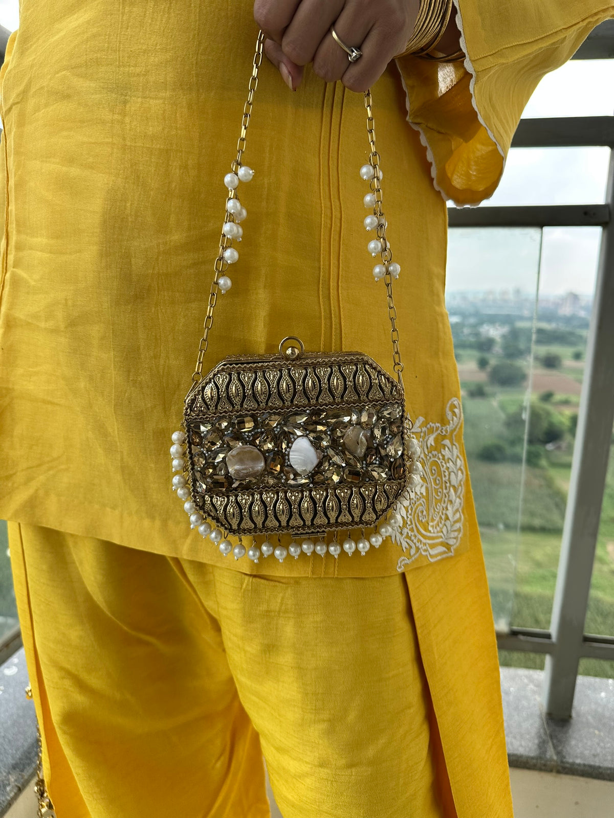 The MUKTA Clutch - Gold Octagon Crystal & Shell Box Bag with Pearl Trim | Pearl Chain Strap Evening Minaudière | Boho Bridal Purse