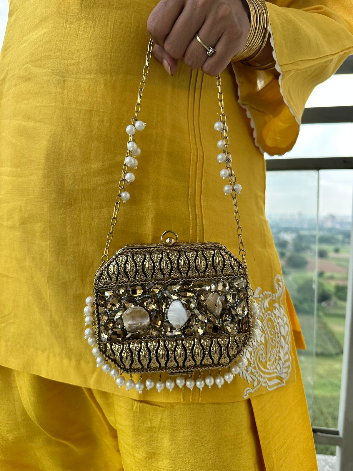 The MUKTA Clutch - Gold Octagon Crystal & Shell Box Bag with Pearl Trim | Pearl Chain Strap Evening Minaudière | Boho Bridal Purse
