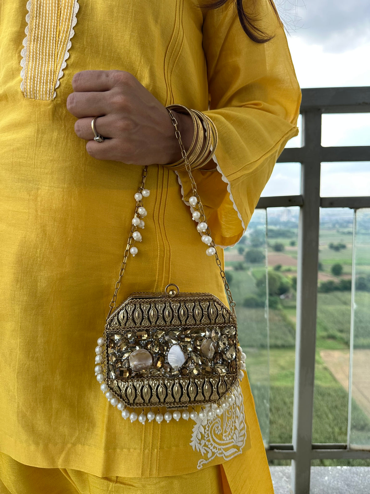 The MUKTA Clutch - Gold Octagon Crystal & Shell Box Bag with Pearl Trim | Pearl Chain Strap Evening Minaudière | Boho Bridal Purse