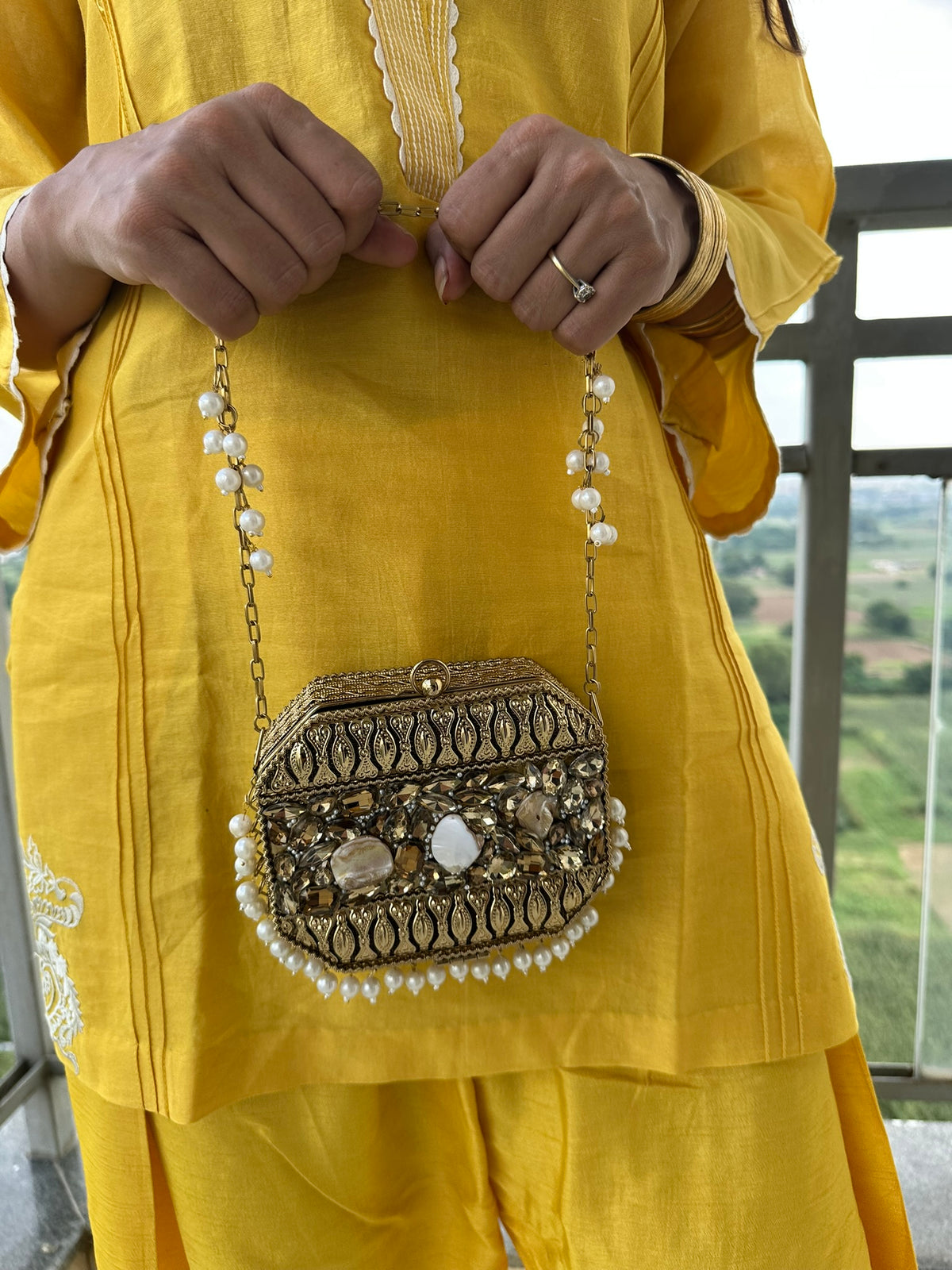 The MUKTA Clutch - Gold Octagon Crystal & Shell Box Bag with Pearl Trim | Pearl Chain Strap Evening Minaudière | Boho Bridal Purse