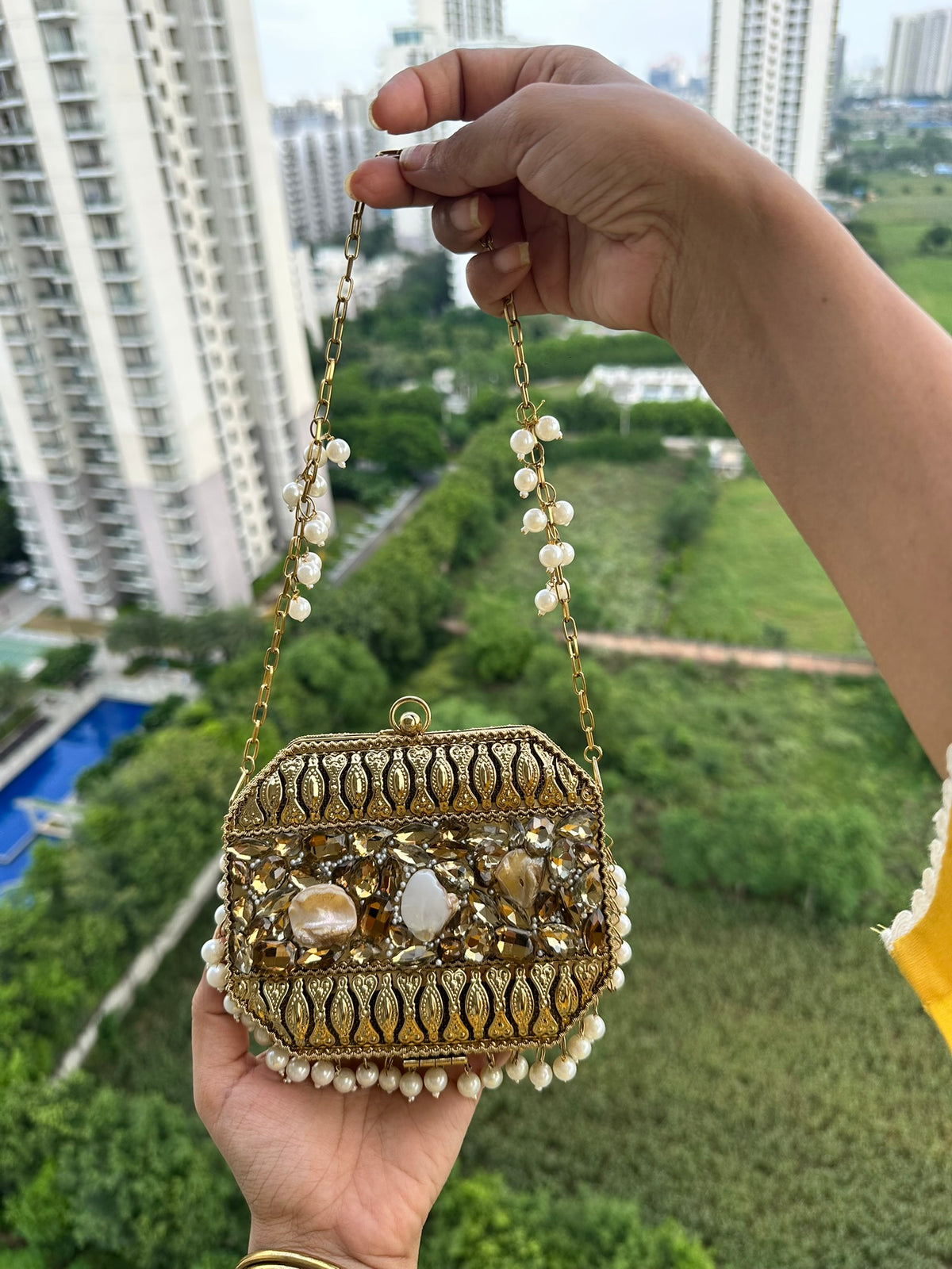 The MUKTA Clutch - Gold Octagon Crystal & Shell Box Bag with Pearl Trim | Pearl Chain Strap Evening Minaudière | Boho Bridal Purse