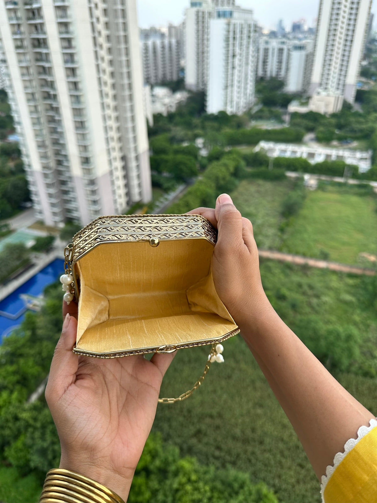 The MUKTA Clutch - Gold Octagon Crystal & Shell Box Bag with Pearl Trim | Pearl Chain Strap Evening Minaudière | Boho Bridal Purse
