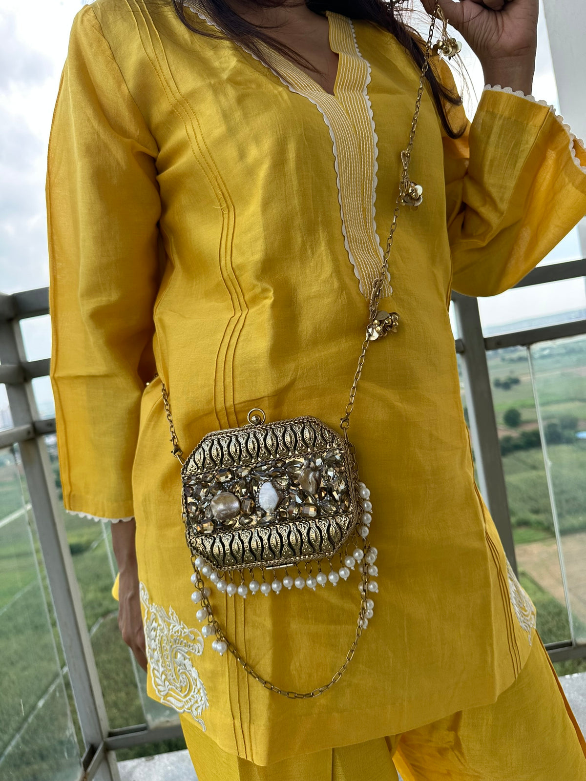 The MUKTA Clutch - Gold Octagon Crystal & Shell Box Bag with Pearl Trim | Pearl Chain Strap Evening Minaudière | Boho Bridal Purse