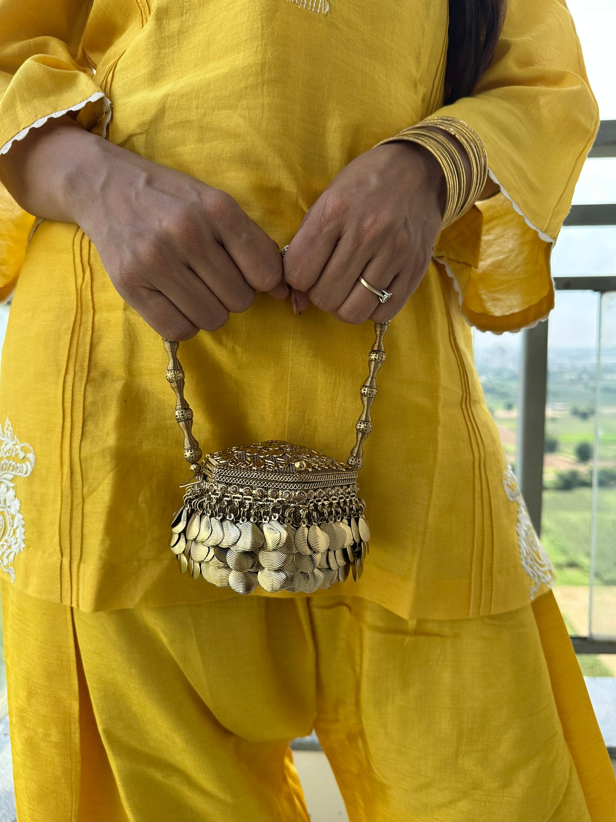 The MUDRA Coin Minaudière - Gold Brass Spherical Potli Box Bag with Coin Fringe | Vintage Metal Bucket Clutch for Wedding & Festive Party