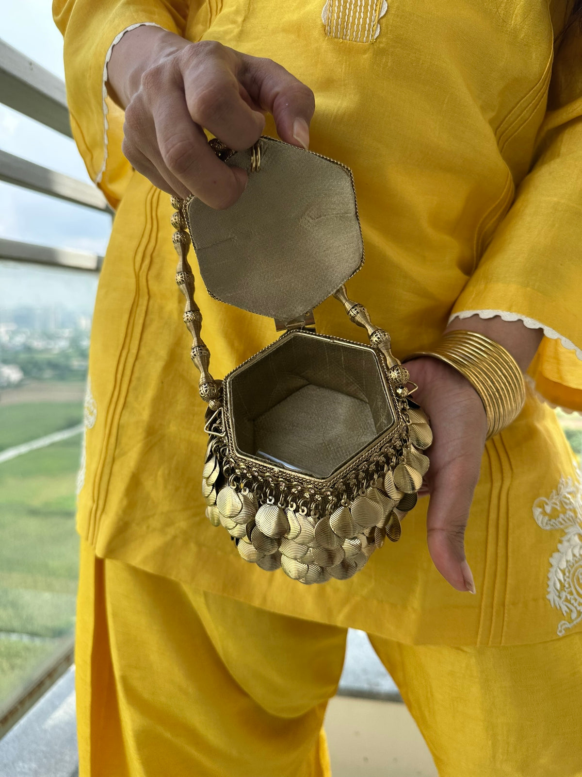 The MUDRA Coin Minaudière - Gold Brass Spherical Potli Box Bag with Coin Fringe | Vintage Metal Bucket Clutch for Wedding & Festive Party