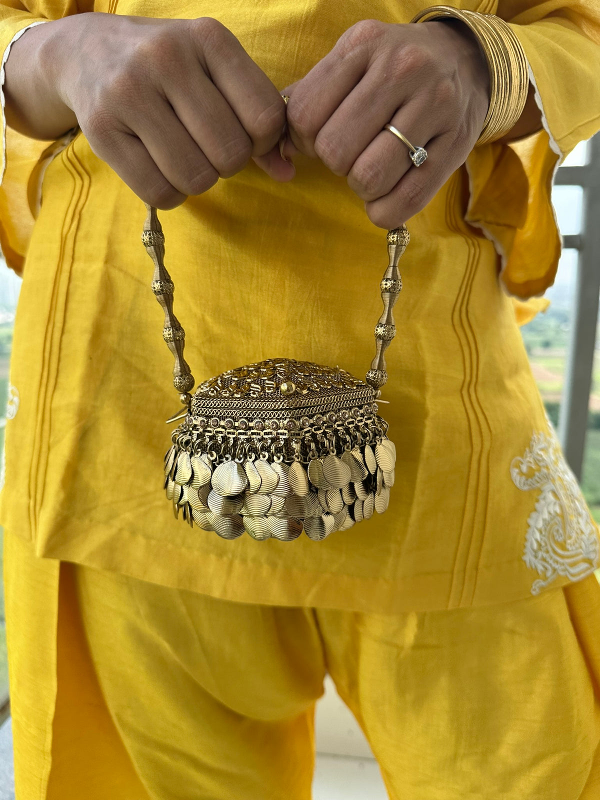 The MUDRA Coin Minaudière - Gold Brass Spherical Potli Box Bag with Coin Fringe | Vintage Metal Bucket Clutch for Wedding & Festive Party