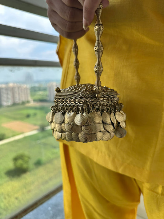 The MUDRA Coin Minaudière - Gold Brass Spherical Potli Box Bag with Coin Fringe | Vintage Metal Bucket Clutch for Wedding & Festive Party