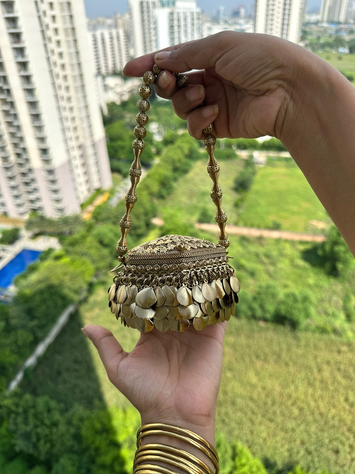The MUDRA Coin Minaudière - Gold Brass Spherical Potli Box Bag with Coin Fringe | Vintage Metal Bucket Clutch for Wedding & Festive Party
