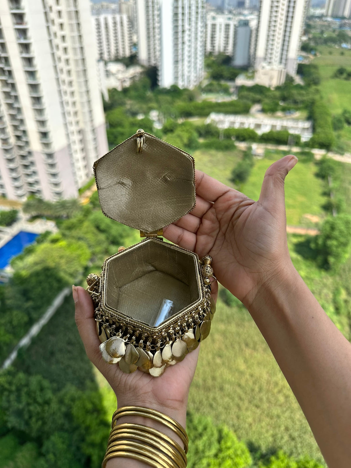 The MUDRA Coin Minaudière - Gold Brass Spherical Potli Box Bag with Coin Fringe | Vintage Metal Bucket Clutch for Wedding & Festive Party