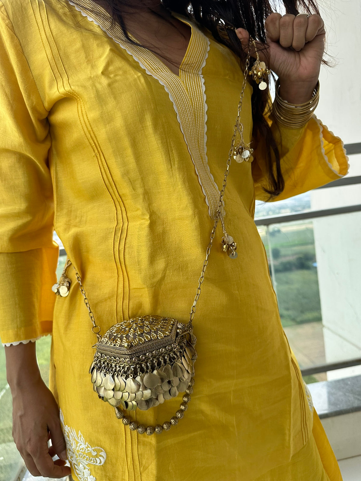 The MUDRA Coin Minaudière - Gold Brass Spherical Potli Box Bag with Coin Fringe | Vintage Metal Bucket Clutch for Wedding & Festive Party