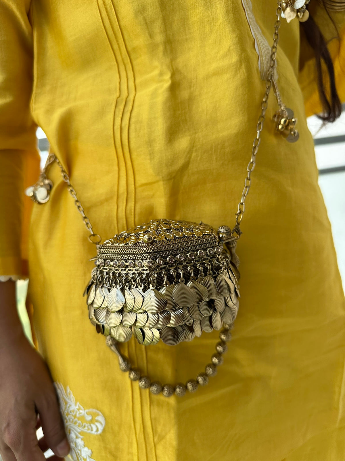 The MUDRA Coin Minaudière - Gold Brass Spherical Potli Box Bag with Coin Fringe | Vintage Metal Bucket Clutch for Wedding & Festive Party