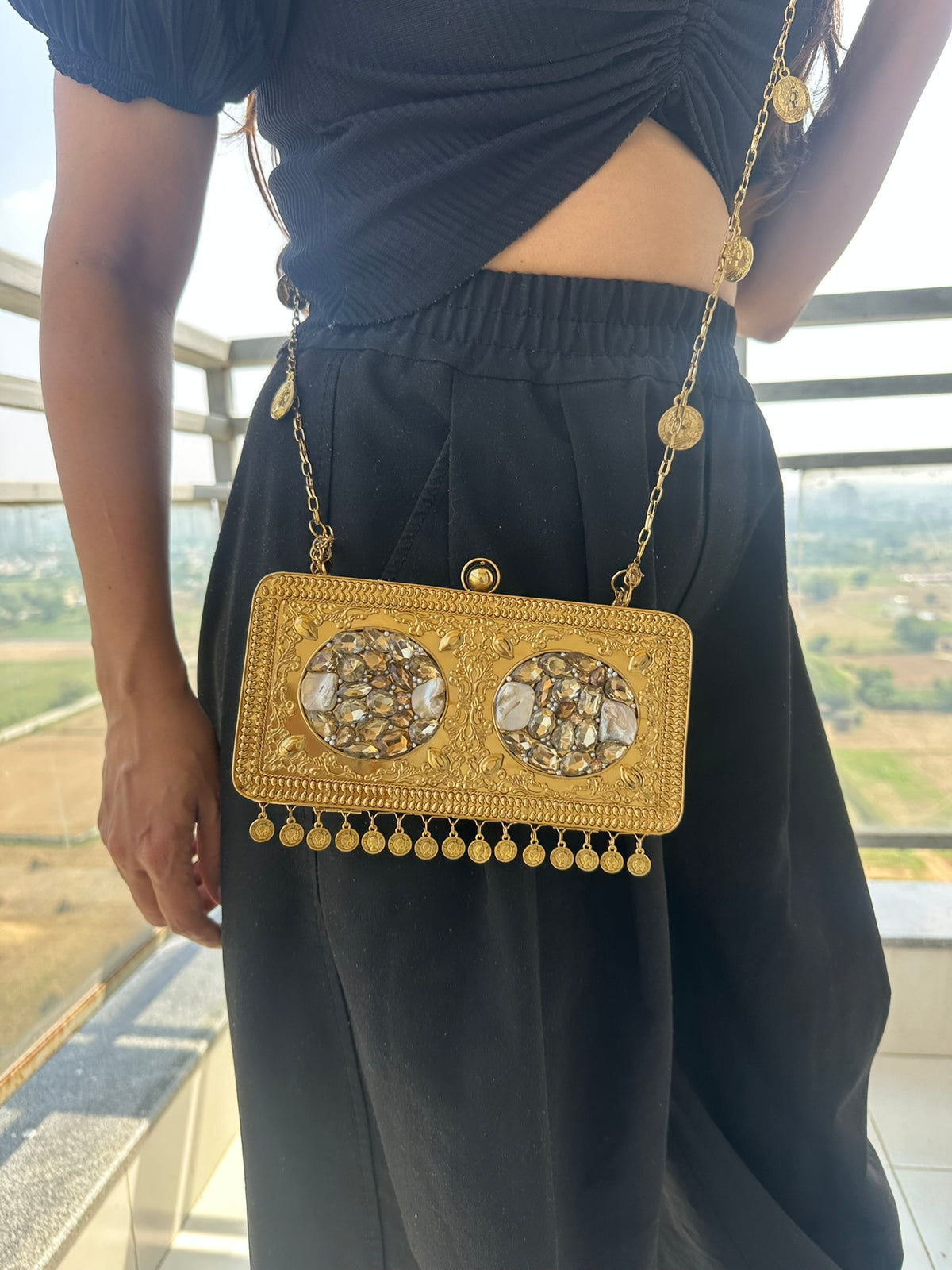The TARINI Handcrafted Gold Filigree & Crystal Box Clutch with Coin Fringe