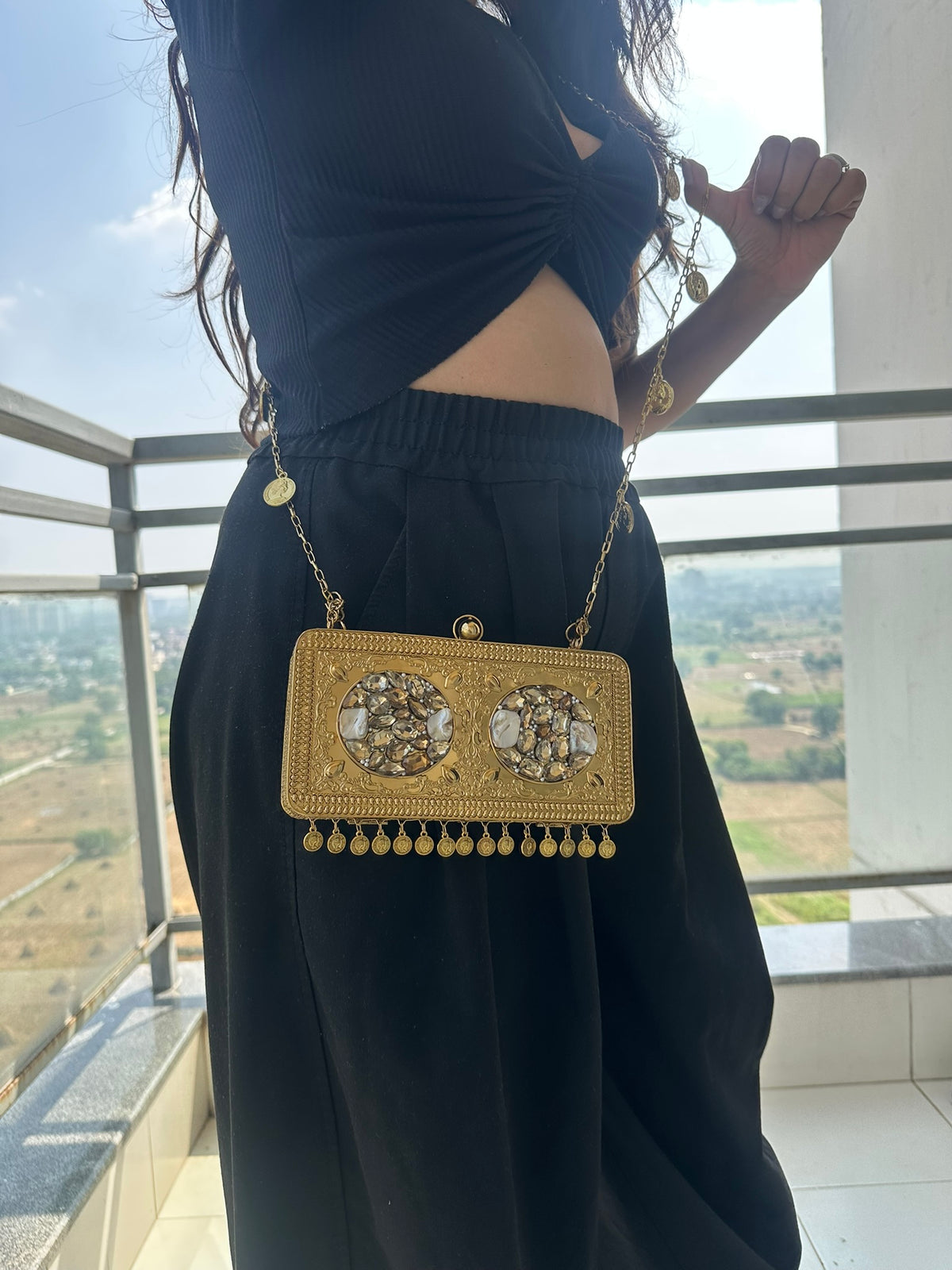 The TARINI Handcrafted Gold Filigree & Crystal Box Clutch with Coin Fringe