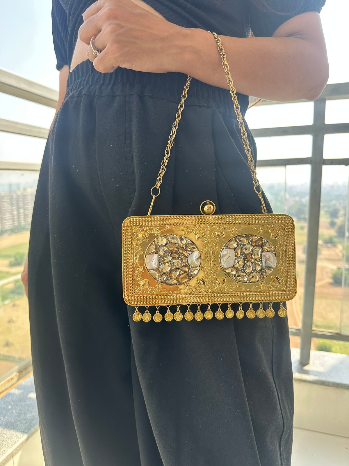 The TARINI Handcrafted Gold Filigree & Crystal Box Clutch with Coin Fringe