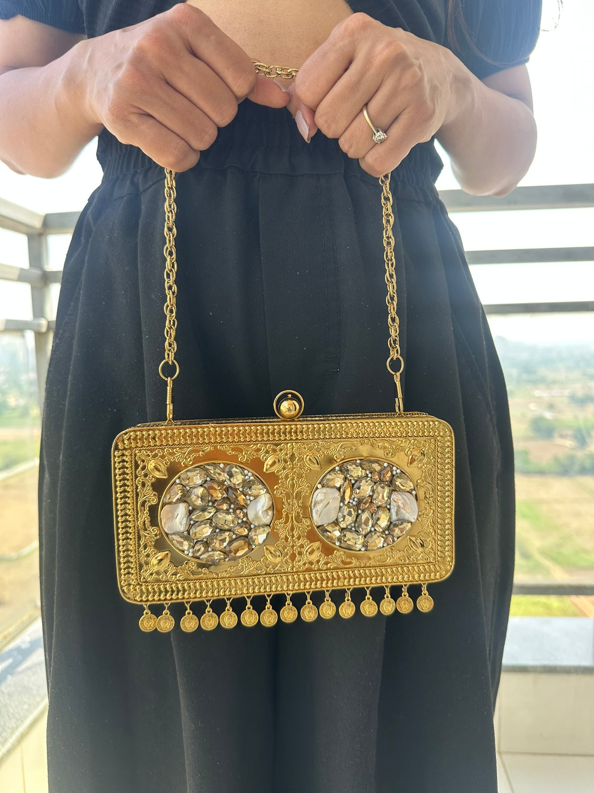 The TARINI Handcrafted Gold Filigree & Crystal Box Clutch with Coin Fringe