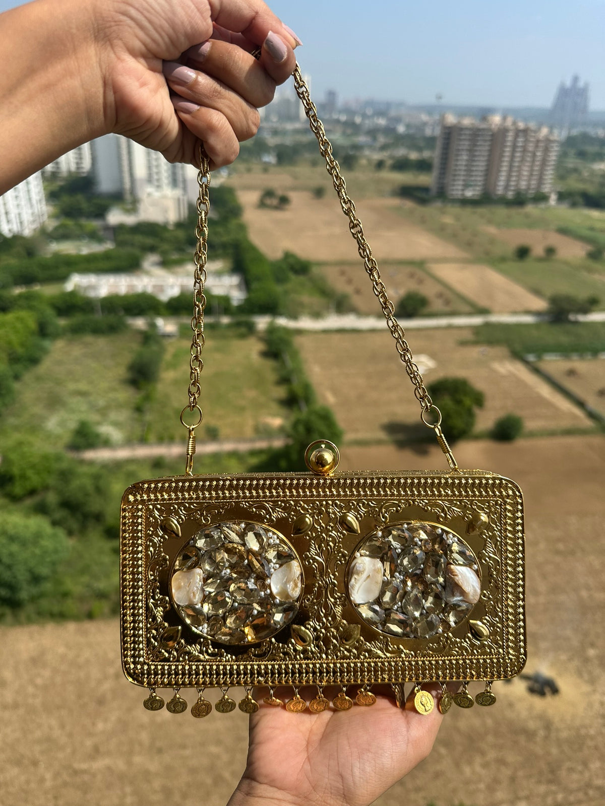 The TARINI Handcrafted Gold Filigree & Crystal Box Clutch with Coin Fringe