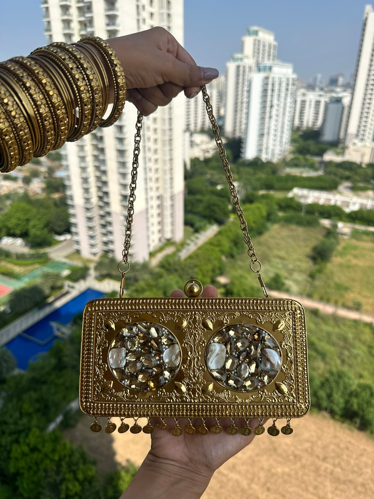The TARINI Handcrafted Gold Filigree & Crystal Box Clutch with Coin Fringe