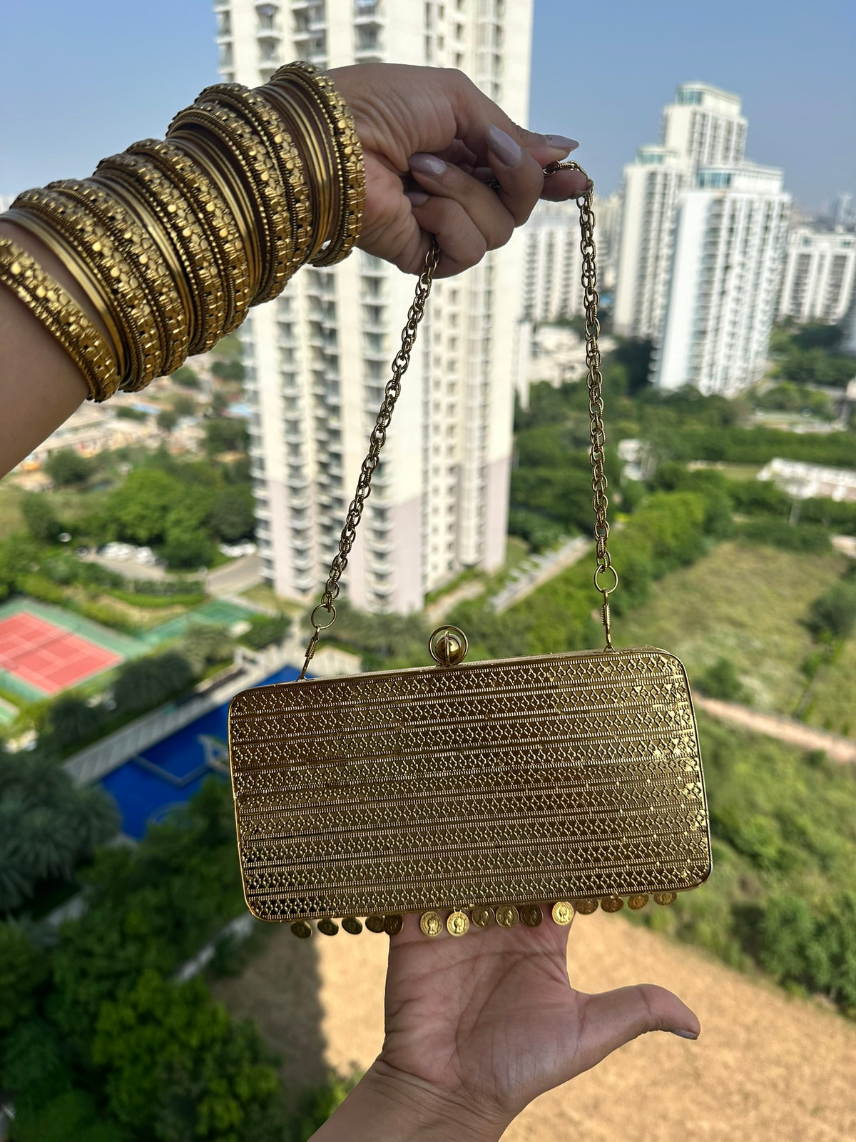 The TARINI Handcrafted Gold Filigree & Crystal Box Clutch with Coin Fringe