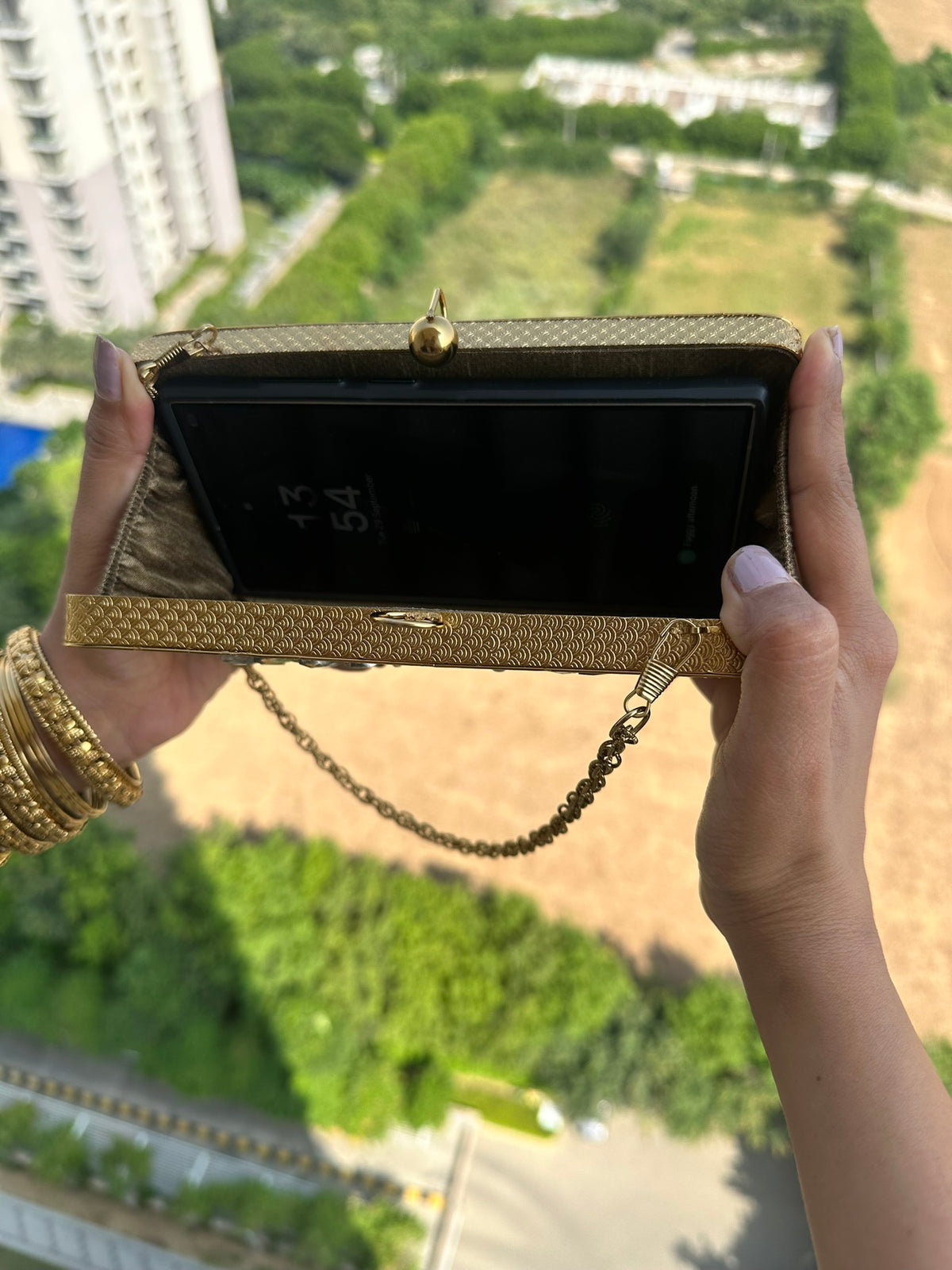 The TARINI Handcrafted Gold Filigree & Crystal Box Clutch with Coin Fringe