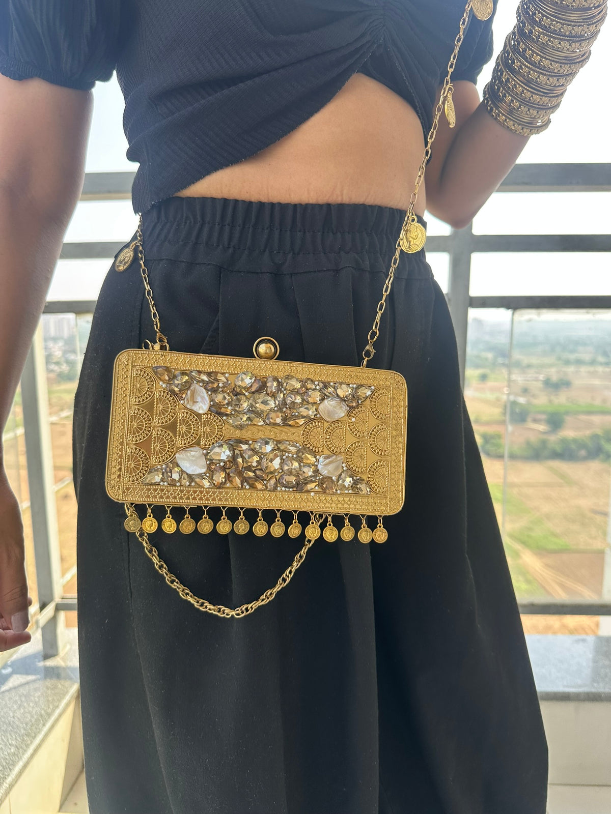 The TARINI Handcrafted Gold Filigree & Crystal Box Clutch with Coin Fringe