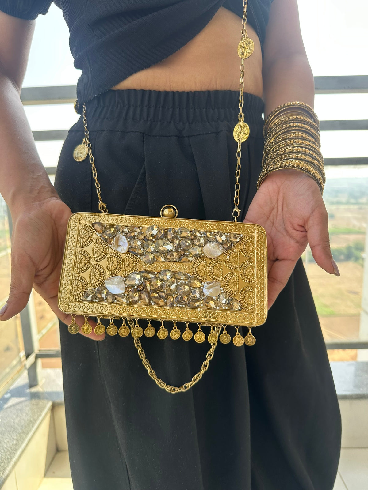 The TARINI Handcrafted Gold Filigree & Crystal Box Clutch with Coin Fringe