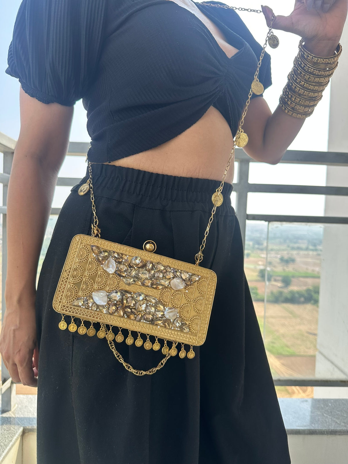 The TARINI Handcrafted Gold Filigree & Crystal Box Clutch with Coin Fringe