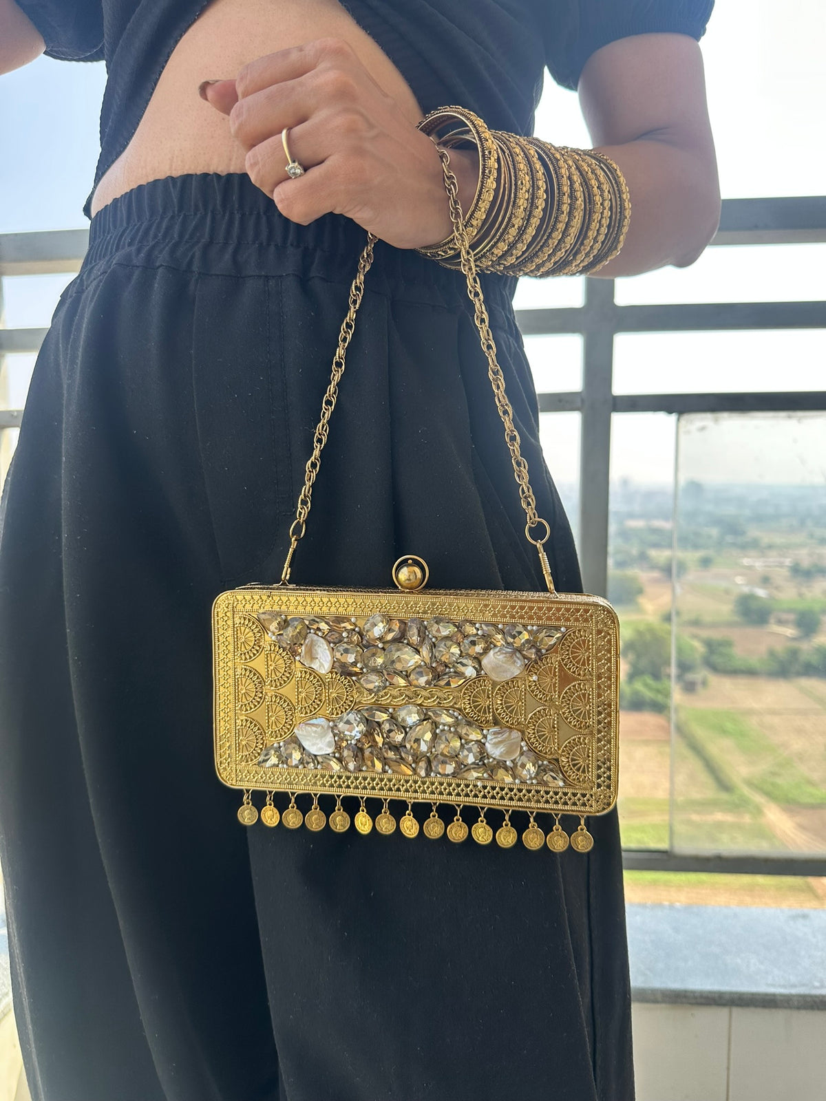 The TARINI Handcrafted Gold Filigree & Crystal Box Clutch with Coin Fringe