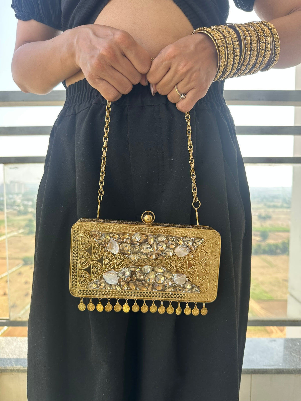 The TARINI Handcrafted Gold Filigree & Crystal Box Clutch with Coin Fringe