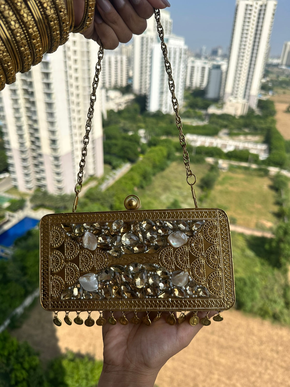 The TARINI Handcrafted Gold Filigree & Crystal Box Clutch with Coin Fringe