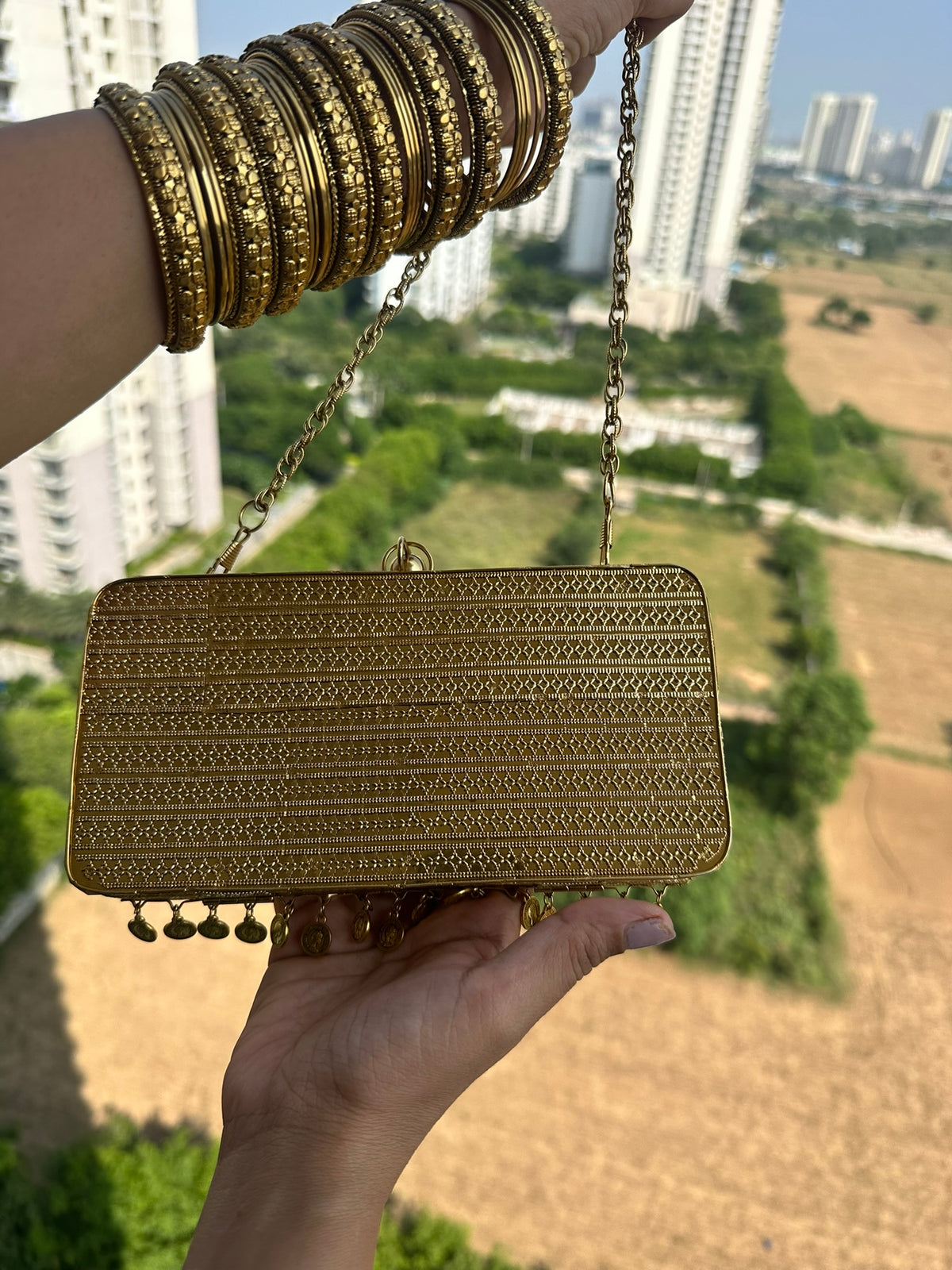 The TARINI Handcrafted Gold Filigree & Crystal Box Clutch with Coin Fringe