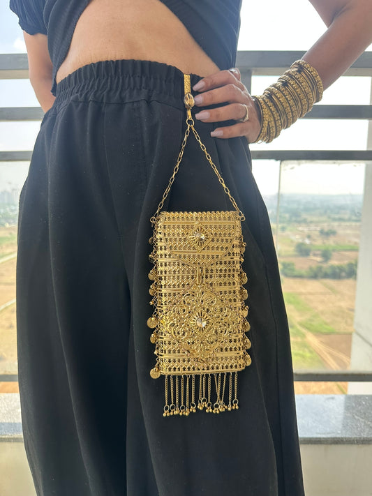 The MEERA Handcrafted Gold Filigree Phone Crossbody Clutch with Coin Charms