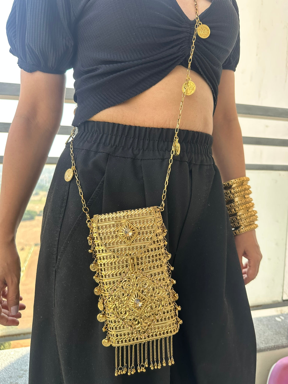 The MEERA Handcrafted Gold Filigree Phone Crossbody Clutch with Coin Charms